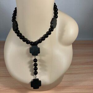 Handcrafted Black Onyx and Black Howlite Cross Necklace – 15”Long  w 4-1/4” Drop